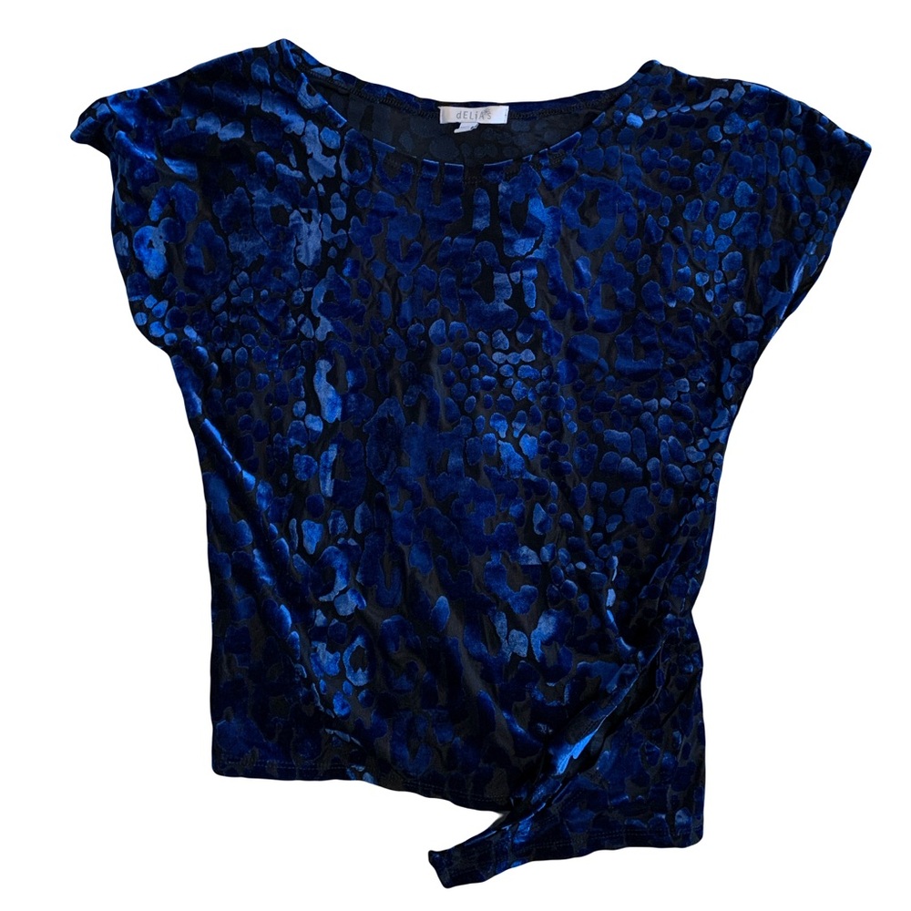 Blue and Black Delia’s Velour Leopard Print Short-Sleeve Top w/ Side Tie